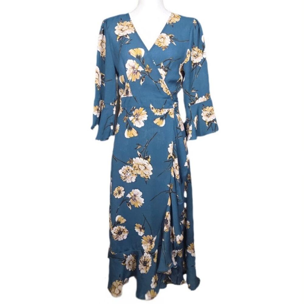 SHE + SKY FLORAL WRAP DRESS – BLUE MULTI COLOR – WOMEN’S LARGE – BOHO STYLE